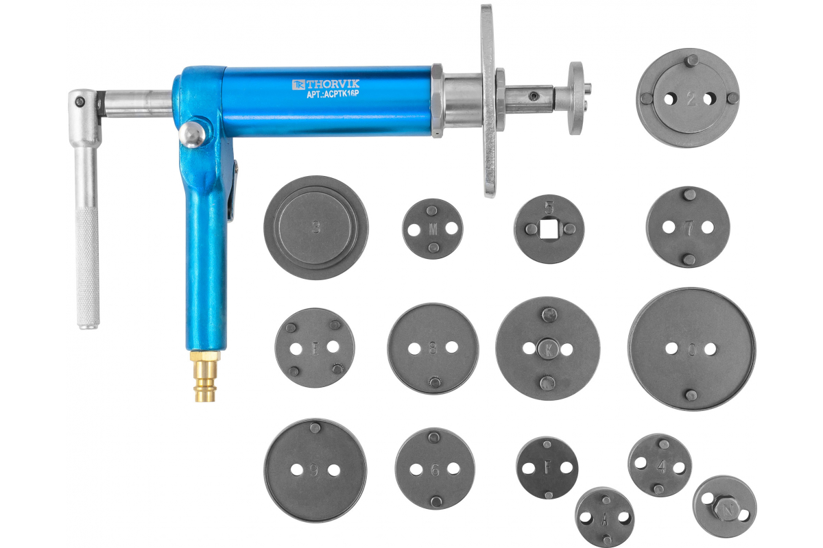Приспособление с пневматическим приводом для возврата поршней дисковых  тормозных механизмов в наборе, 16 пр. Thorvik ACPTK16P 53232 купить по  выгодной цене Москве и РФ | Отзывы, характеристики, фото