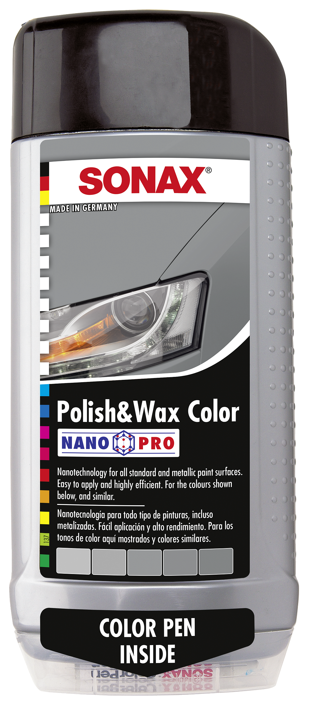 296300 SONAX Polish & Wax ColorЦветной полироль с воском + карандаш  (серебристый/серый) NanoPro 0,5л купить по выгодной цене Москве и РФ |  Отзывы, характеристики, фото